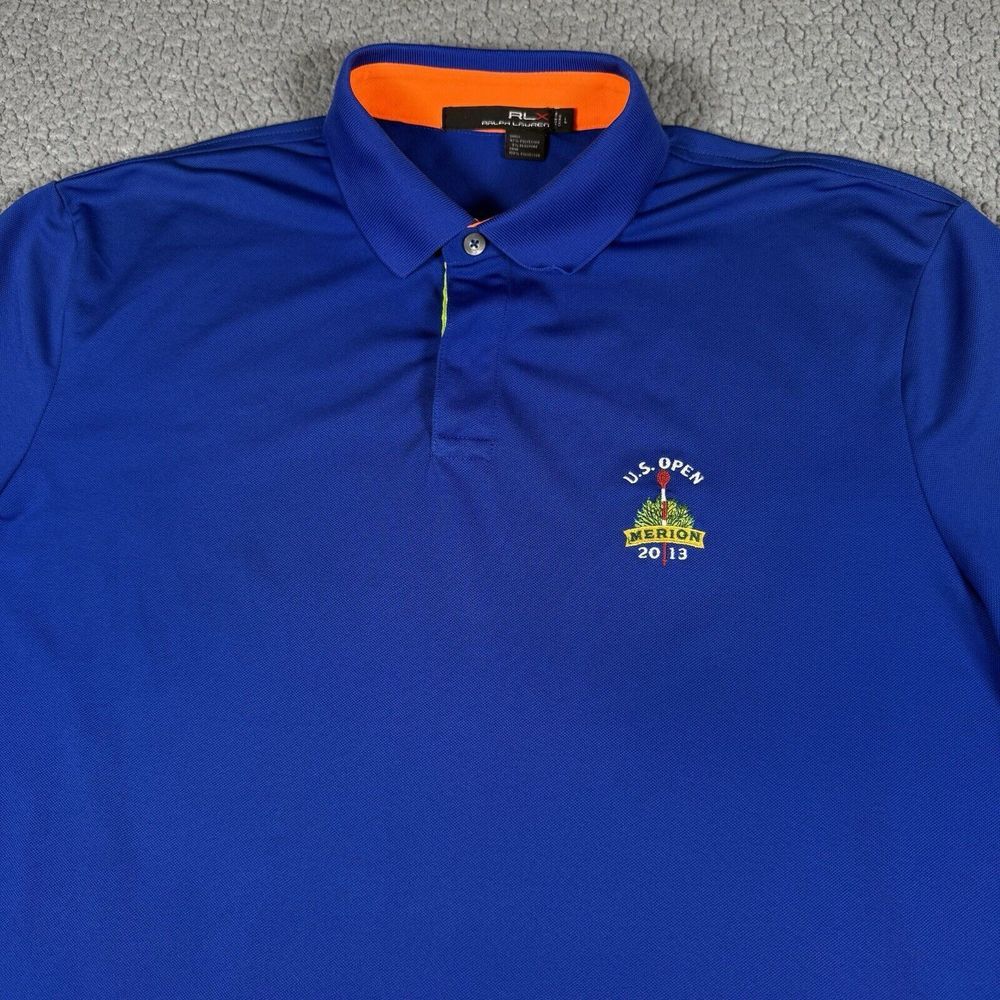 RLX‎ Ralph Lauren Polo Shirt Mens Large Blue Short Sleeve 2013 US Open Marion⛳ - Picture 2 of 10